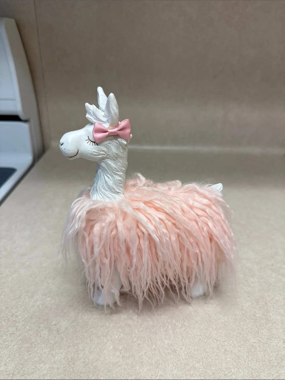 Pink Bow Llama Figurine with Fuzzy Pink Fur